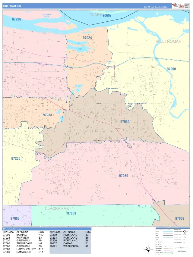 Gresham, OR ZIP Code Wall Map, ColorCast style