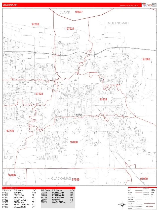 Gresham, OR ZIP Code Wall Map, RedLine style