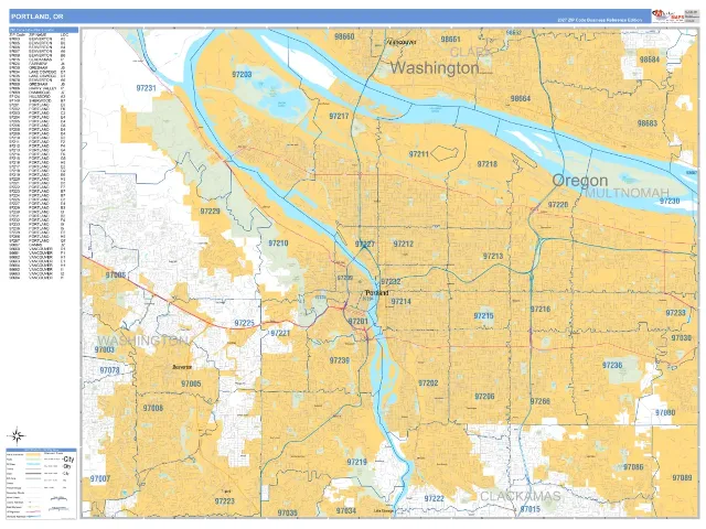 Portland, OR ZIP Code Wall Map, Business Reference style