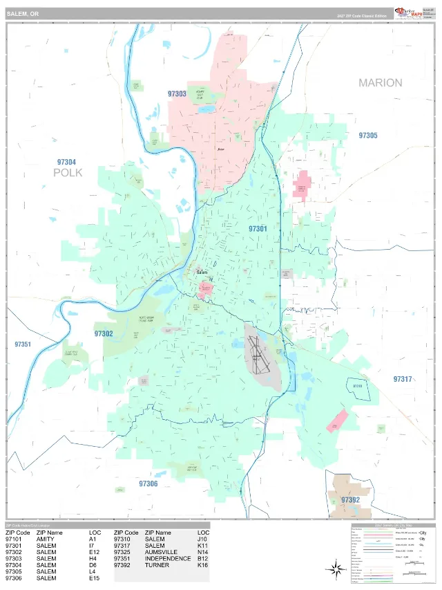 Salem, OR ZIP Code Wall Map, Classic style