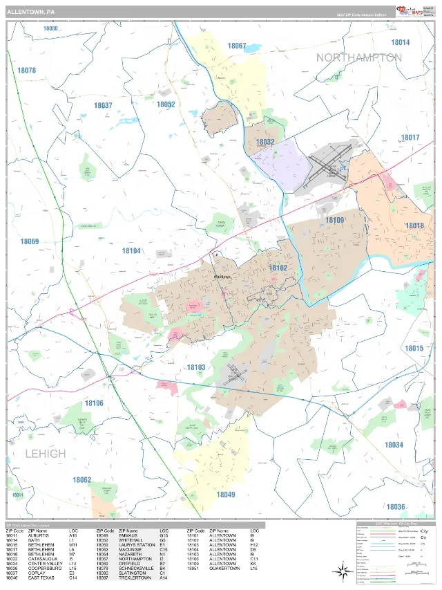 Allentown, PA ZIP Code Wall Map, Classic style