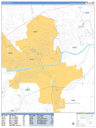 Bethlehem, PA Business Reference style ZIP Code wall map