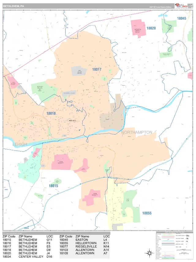 Bethlehem, PA ZIP Code Wall Map, Classic style
