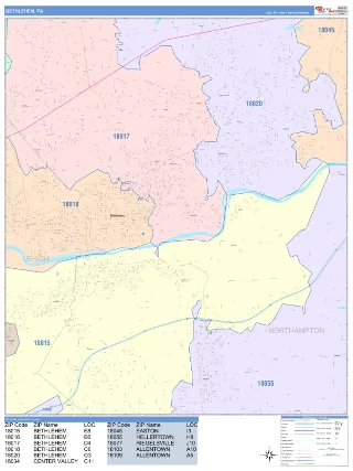Bethlehem, PA ColorCast style ZIP Code wall map