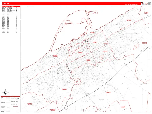 Erie, PA ZIP Code Wall Map, RedLine style