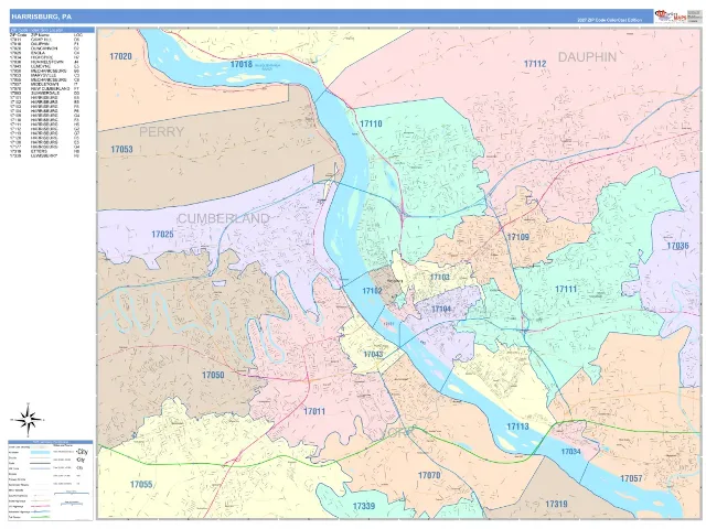 Harrisburg, PA ZIP Code Wall Map, ColorCast style