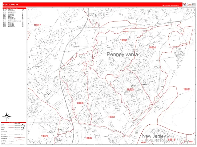 Levittown, PA ZIP Code Wall Map, RedLine style