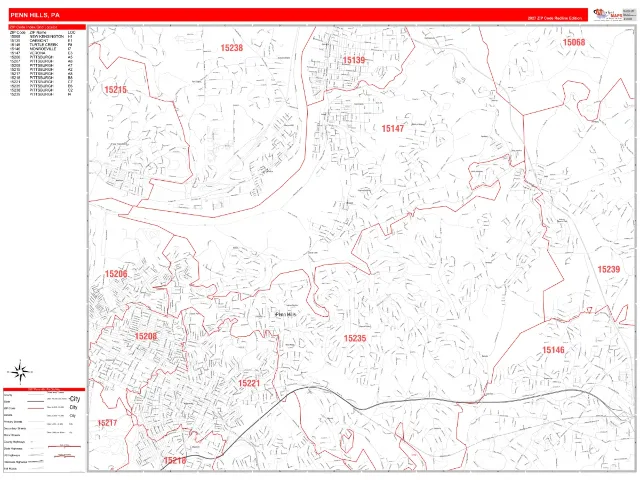 Penn Hills, PA ZIP Code Wall Map, RedLine style