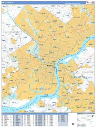 Philadelphia, PA Business Reference style ZIP Code wall map
