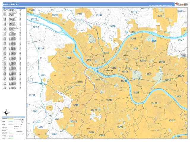 Pittsburgh, PA ZIP Code Wall Map, Business Reference style