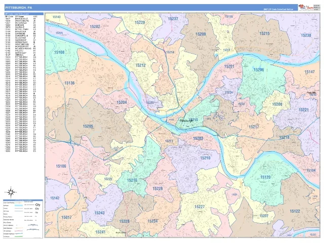 Pittsburgh, PA ZIP Code Wall Map, ColorCast style