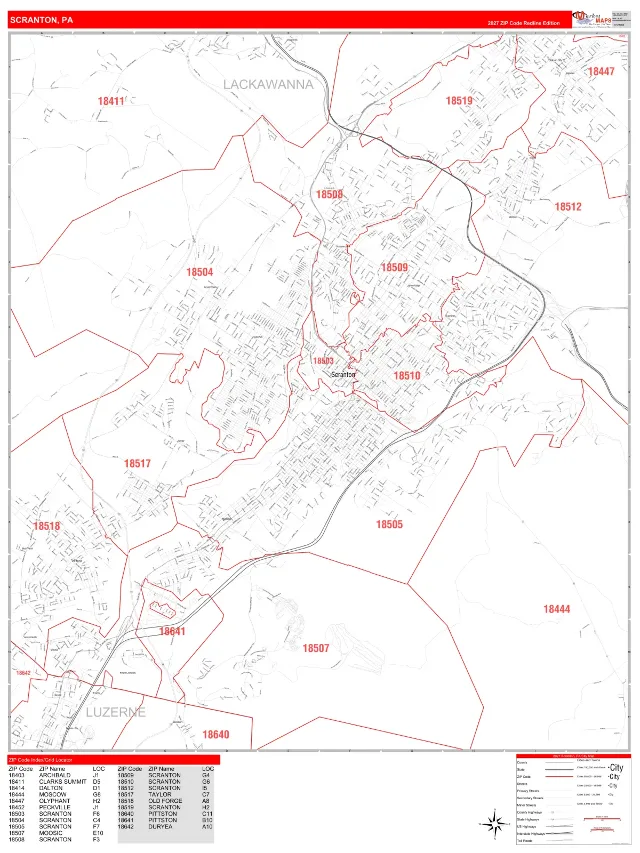 Scranton, PA ZIP Code Wall Map, RedLine style