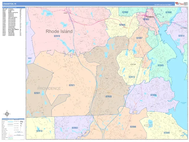 Cranston, RI ZIP Code Wall Map, ColorCast style