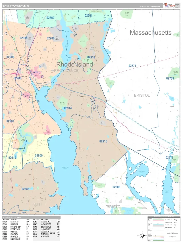 East Providence, RI ZIP Code Wall Map, Classic style