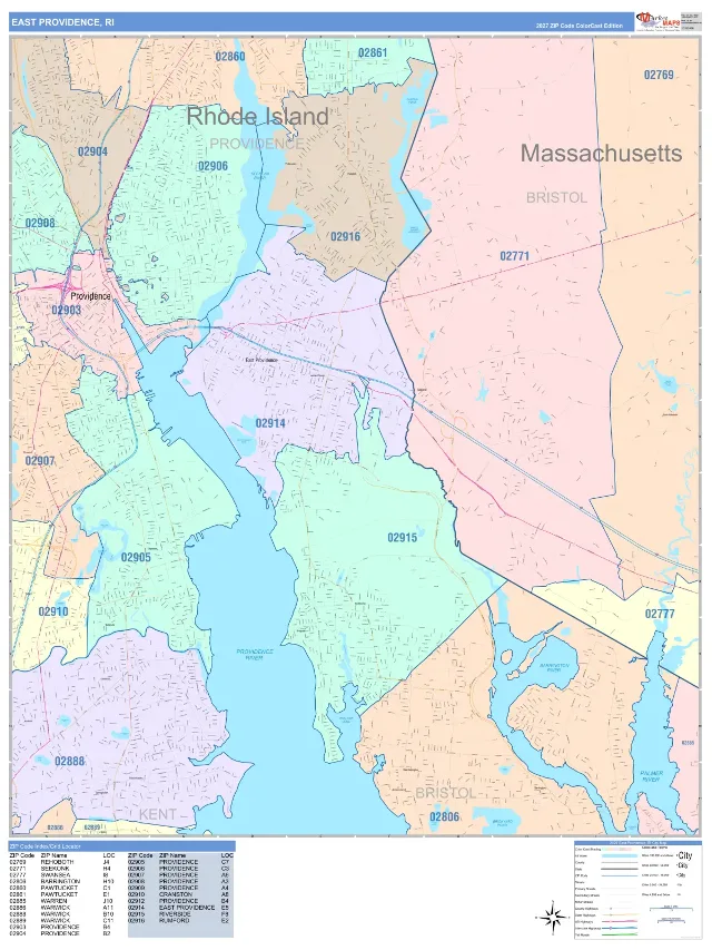 East Providence, RI ZIP Code Wall Map, ColorCast style