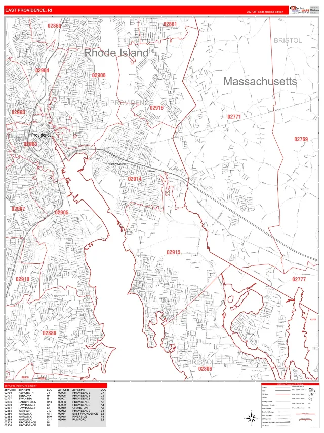 East Providence, RI ZIP Code Wall Map, RedLine style