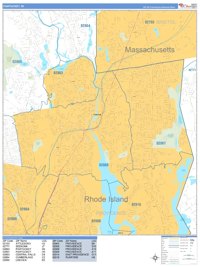 Pawtucket, RI ZIP Code Wall Map, Business Reference style