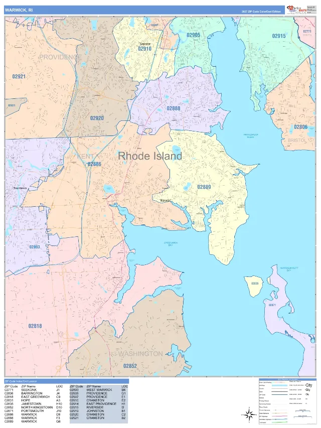 Warwick, RI ZIP Code Wall Map, ColorCast style