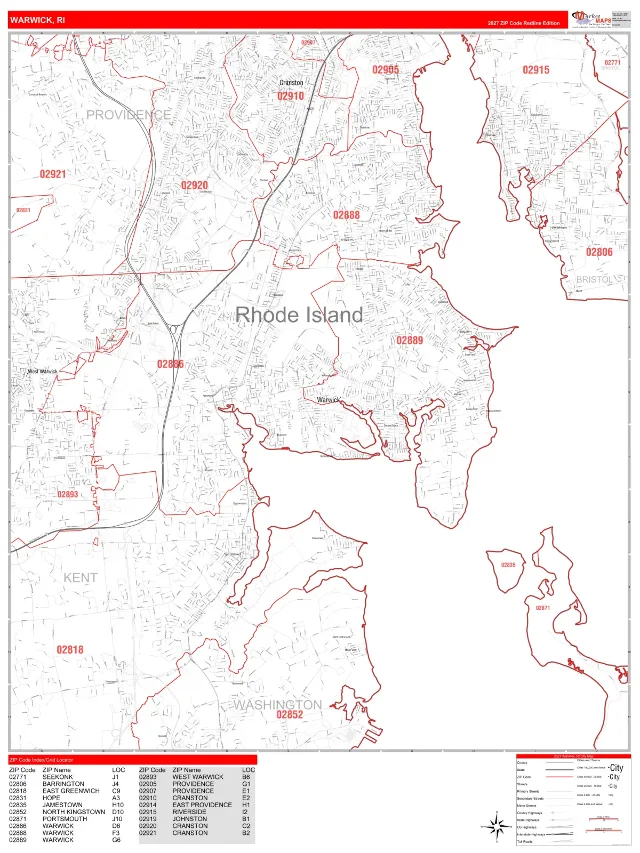Warwick, RI ZIP Code Wall Map, RedLine style