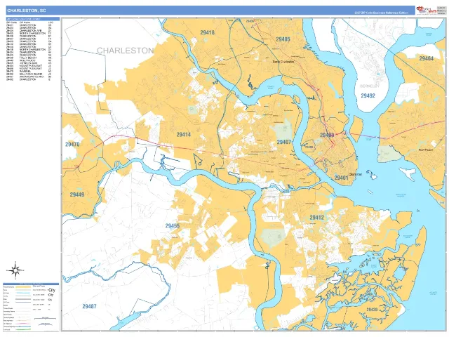 Charleston, SC ZIP Code Wall Map, Business Reference style