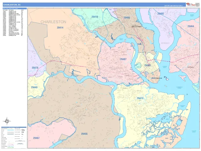 Charleston, SC ZIP Code Wall Map, ColorCast style