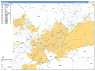 Columbia, SC Business Reference style ZIP Code wall map