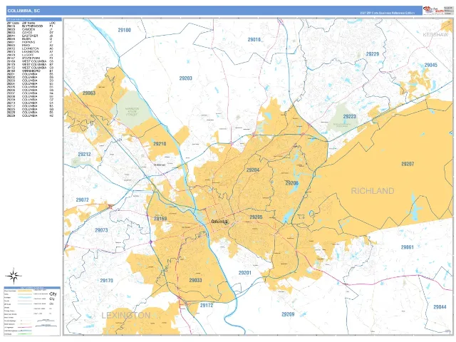 Columbia, SC ZIP Code Wall Map, Business Reference style