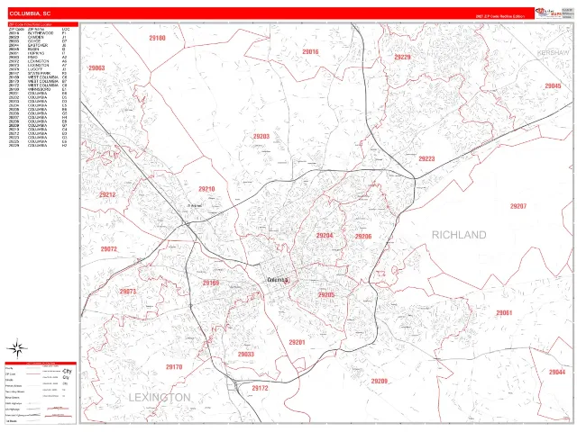Columbia, SC ZIP Code Wall Map, RedLine style
