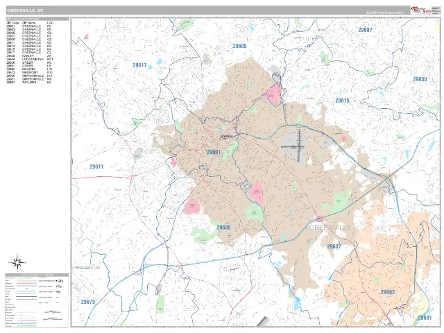 Greenville, SC ZIP Code Wall Map, Classic style
