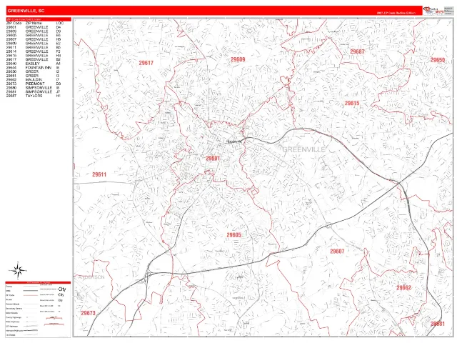 Greenville, SC ZIP Code Wall Map, RedLine style