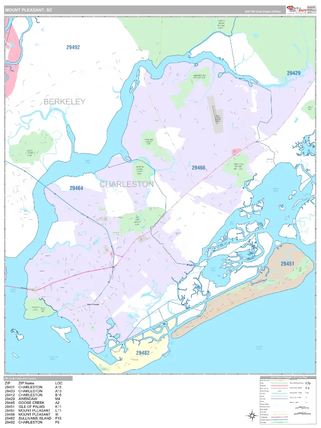 Mount Pleasant, SC ZIP Code Wall Map, Classic style
