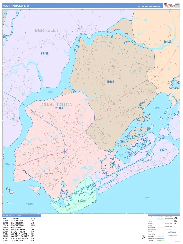 Mount Pleasant, SC ZIP Code Wall Map, ColorCast style