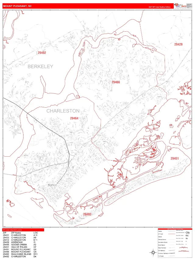 Mount Pleasant, SC ZIP Code Wall Map, RedLine style