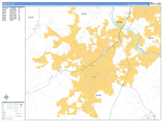 Rock Hill, SC ZIP Code Wall Map, Business Reference style
