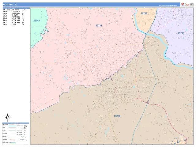 Rock Hill, SC ZIP Code Wall Map, ColorCast style