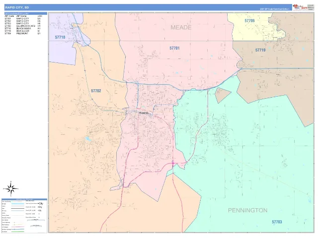 Rapid City, SD ZIP Code Wall Map, ColorCast style