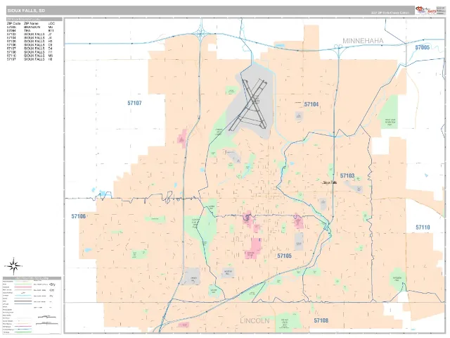 Sioux Falls, SD ZIP Code Wall Map, Classic style