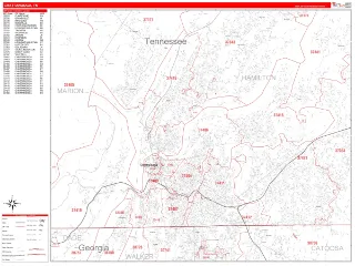 Chattanooga, TN RedLine style ZIP Code wall map