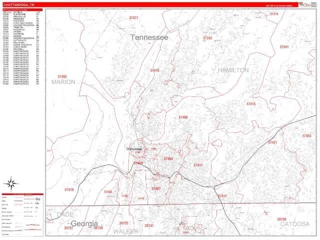 Chattanooga, TN ZIP Code Wall Map, RedLine style