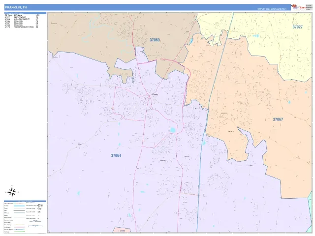 Franklin, TN ZIP Code Wall Map, ColorCast style