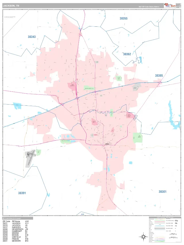 Jackson, TN ZIP Code Wall Map, Classic style