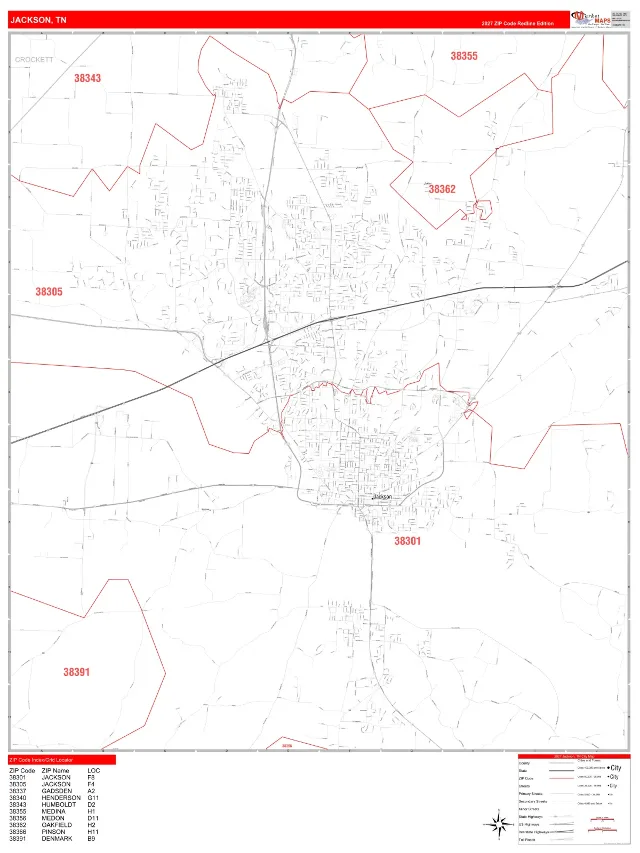 Jackson, TN ZIP Code Wall Map, RedLine style