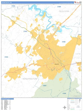Johnson City, TN Business Reference style ZIP Code wall map