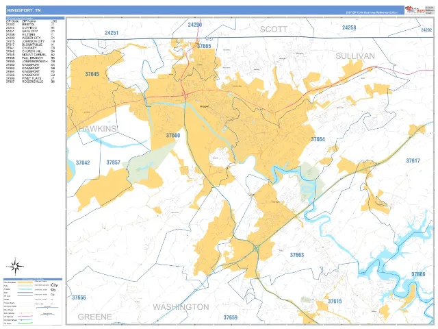 Kingsport, TN ZIP Code Wall Map, Business Reference style
