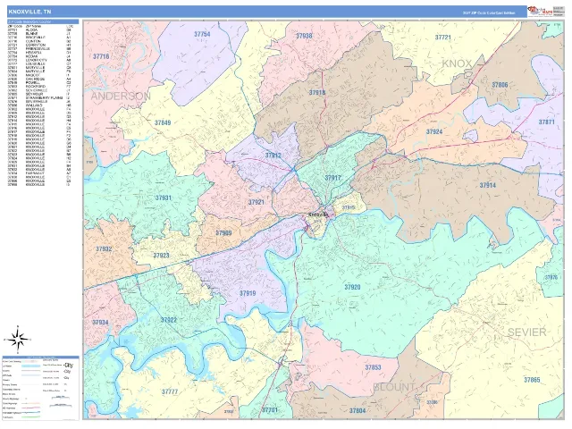 Knoxville, TN ZIP Code Wall Map, ColorCast style
