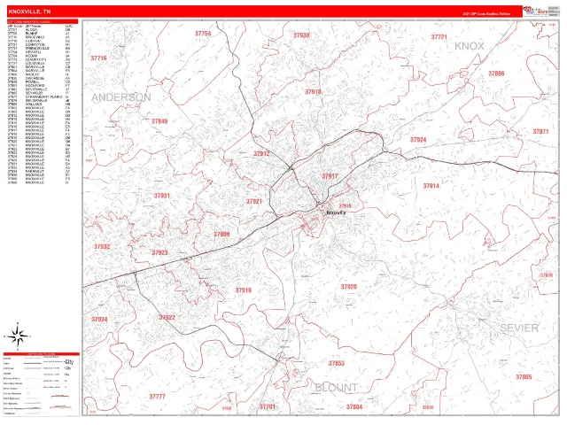 Knoxville, TN ZIP Code Wall Map, RedLine style
