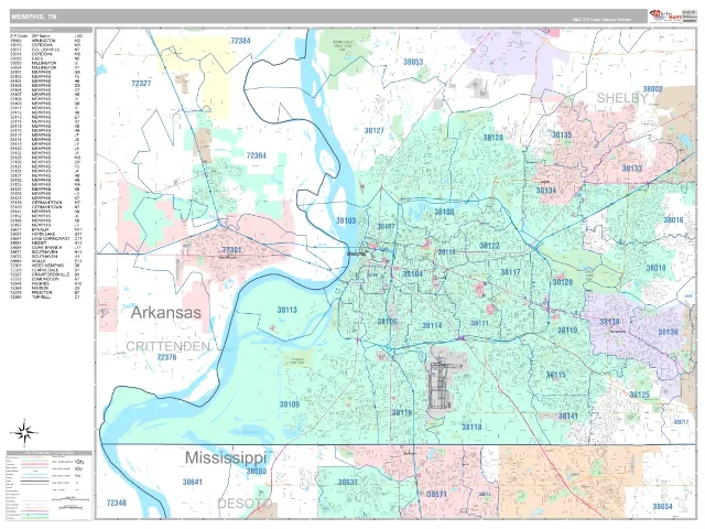 Memphis, TN ZIP Code Wall Map, Classic style