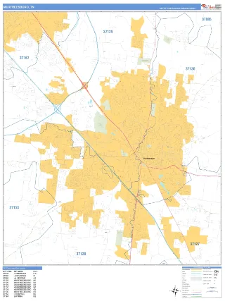 Murfreesboro, TN Business Reference style ZIP Code wall map