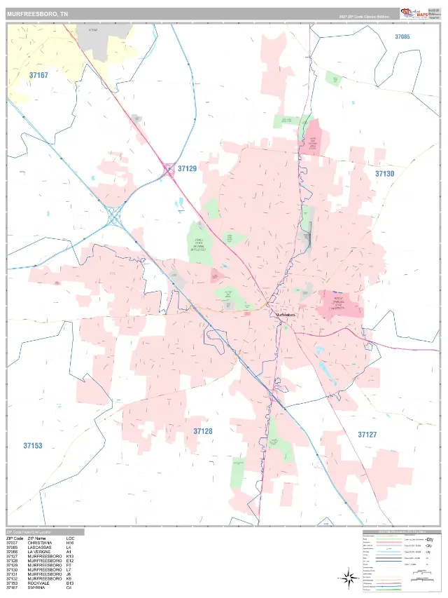 Murfreesboro, TN ZIP Code Wall Map, Classic style