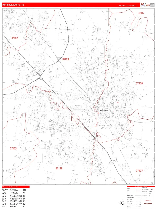 Murfreesboro, TN ZIP Code Wall Map, RedLine style